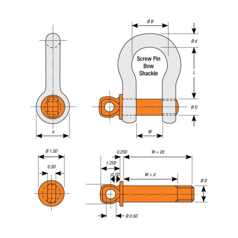 Orange Pin Screw Pin Bow Shackle Grade S Spec drawing